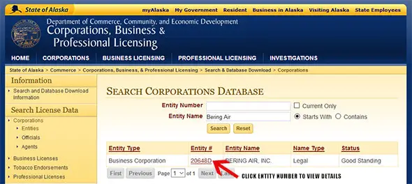Alaska Corporate Entity Search Results