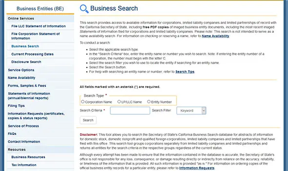 California Business Entity Search