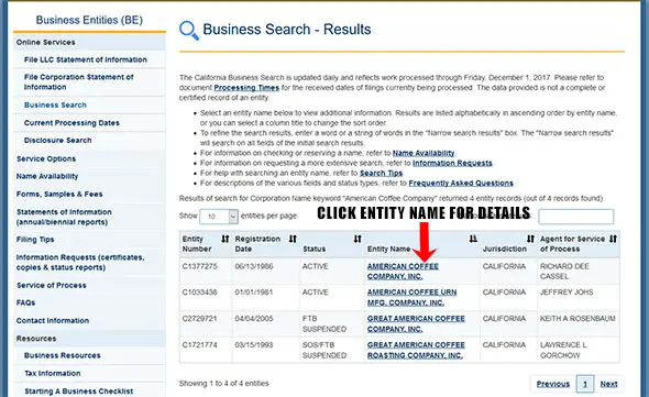 California Corporation Entity Search Results