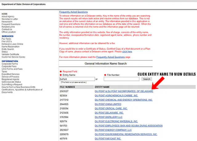 Delaware Corporate Entity Search Results