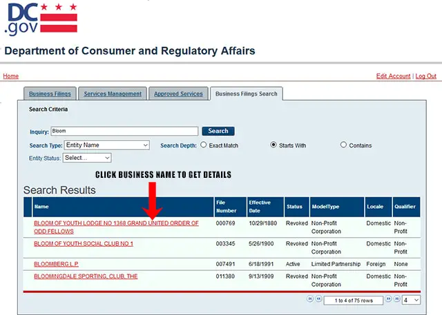 District of Columbia Corporate Entity Search Results