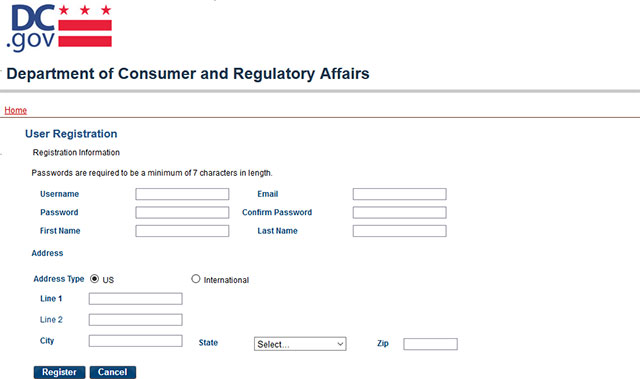 District of Columbia Business Entity Search Registration Page