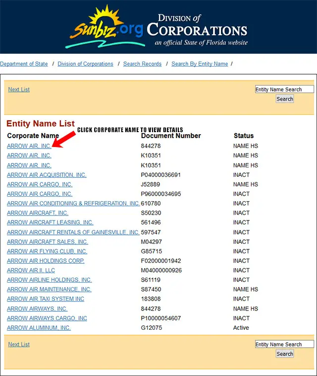 Florida Corporate Entity Search Results