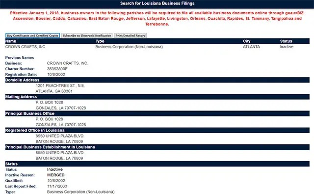 Louisiana Corporation Entity Details