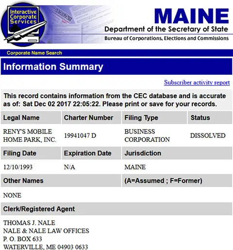 Maine Corporation Entity Details