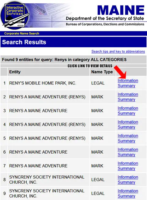 Maine Corporation Entity Search Results