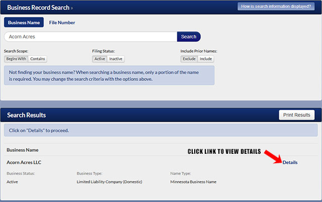 Minnesota Corporation Entity Search Results