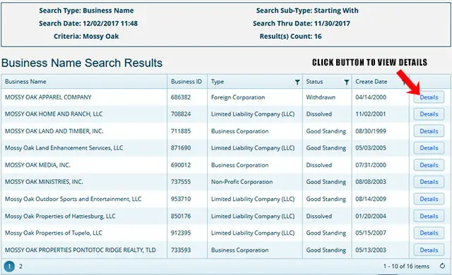 Mississippi Corporation Entity Search Results