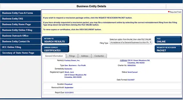 Missouri Corporation Entity Details