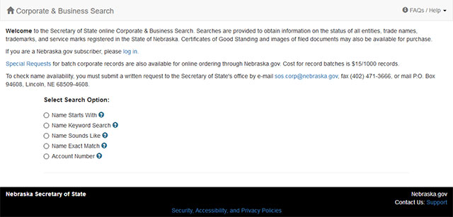 Nebraska Business Entity Search