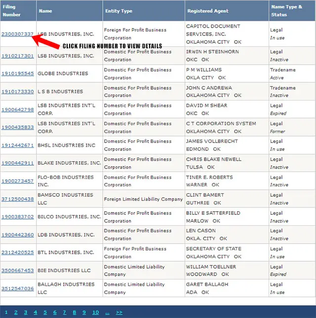 Oklahoma Corporation Entity Search Results