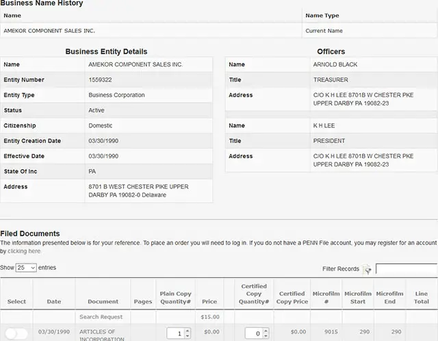 Pennsylvania Corporation Entity Details