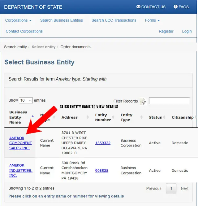 Pennsylvania Corporation Entity Search Results