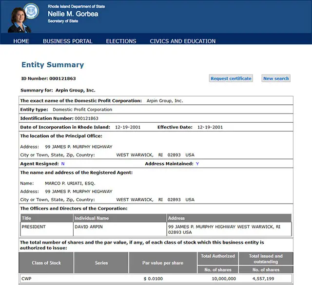 Rhode Island Corporation Entity Details