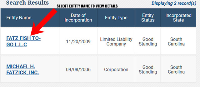 South Carolina Corporation Entity Search Results