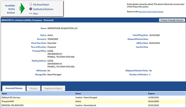 Tennessee Corporation Entity Details