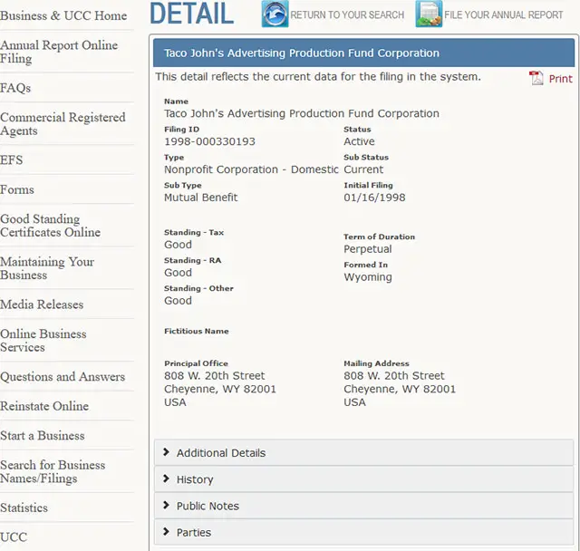 Wyoming Corporation Entity Details